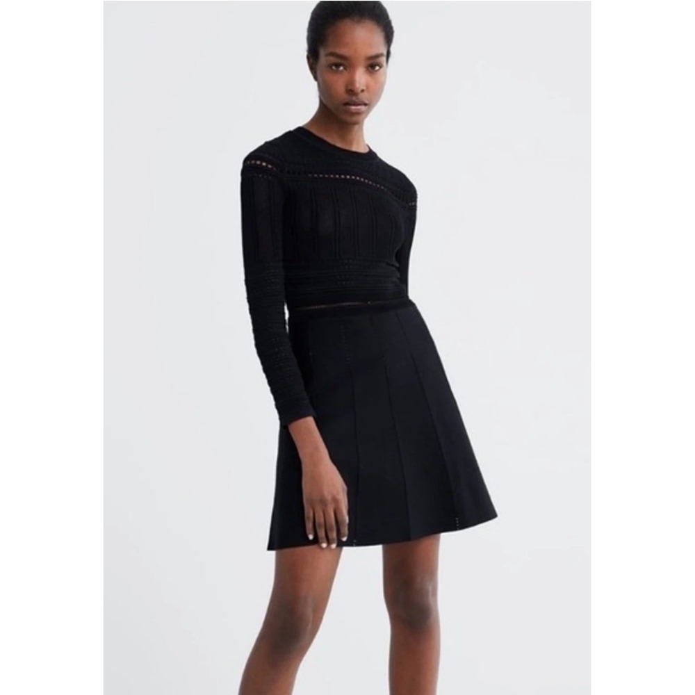 Zara Black Long Sleeve Pointelle Knit Fit and Flare Sheer Top Mini Dress Small